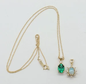 14K Yellow Gold Lab Green Tourmaline & CZ & Opal & Diamond Pendant (1) 18" Chain - Picture 1 of 5