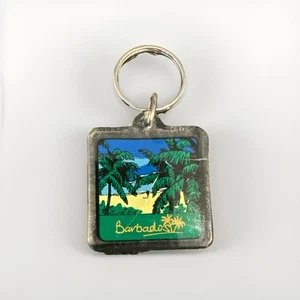 Vintage Acrylic Keychain Barbados Tropical Palm Tree Square Souvenir Keyring - Picture 1 of 4