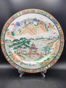 Chinese Porcelain 10" Hand painted Plate Pagoda Bridge Mountain Scenery - Picture 1 of 2