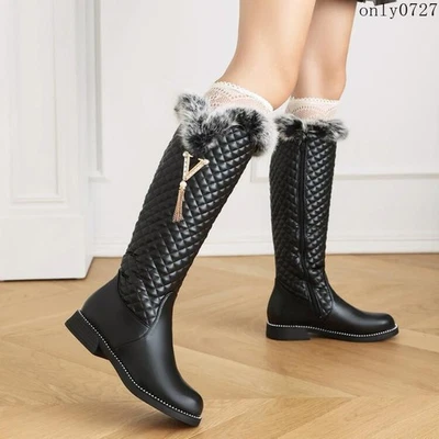 Winter Mid Calf Boots Flats Heel Casual Women's Comfort Zip Fur Trim Shoes Plus - Image 1 of 4