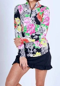 G LIFESTYLE Top Mesh Underarm Sleeve Mock Neck 1/4 Zip Deco Daisy Athletic Flora - Picture 1 of 5