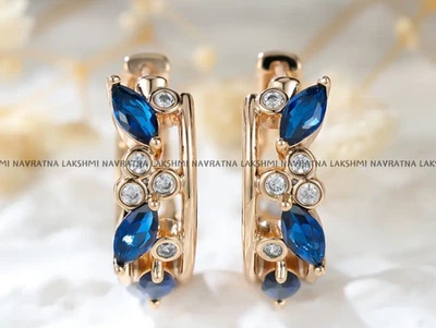 Marquise Blue Sapphire & Round Moissanite Bezel Set Small Hoops Earrings For Her - image 1 of 3