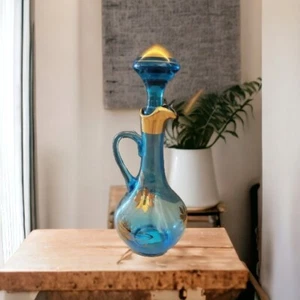 15" Vintage Blue Art Glass Genie Bottle Decanter Made In Romania - Picture 1 of 12