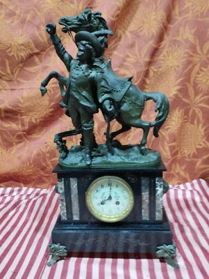 ancienne pendule en marbre noire et rose scène de chasse en régule patiné - Photo 1/4