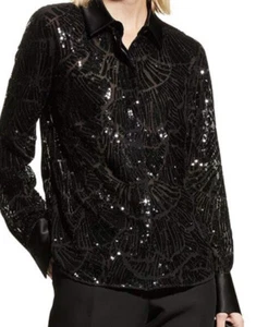Lafayette 148 NY Scottie Black Sequin Embellished Chiffon Blouse Top Small $998 - Picture 1 of 16