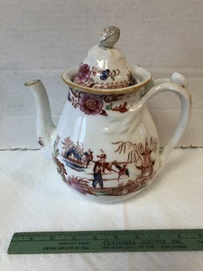 Antique Pearlware Teapot Willow Multicolor Man Birds Pagoda Chinese Pattern - Picture 1 of 9