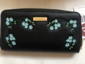 Kensie Pebbled Black Faux Leather Embroidered Daisies Zip Around Wallet NWT - Picture 1 of 12