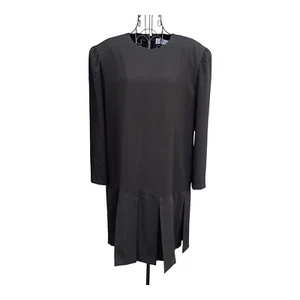Vintage Gene Roy Black Dress with Flappy Pleated Bottom Size 18 Long Sleeve - Picture 1 of 8