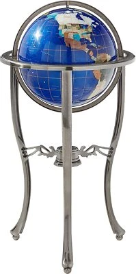 36" Tall Blue Pearl Swirl Gemstone World Globe with Tripod Silver Floor Stand - Image 1 of 4