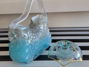 MCM ART GLASS HANDBAG DECORATIVE VASE AND MATCHING CANDLE HOLDER SAPPHIRE - Picture 1 of 11