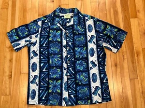 Camisa Aloha Hawaiana de Colección Ui Maikai Talla L - Máscaras Florales de Piña Azul Tribal - Imagen 1 de 12
