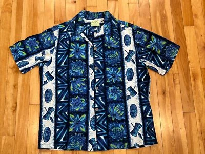 Vintage Ui Maikai Sz L Hawaiian Aloha Shirt - Pineapple Floral Masks Tribal Blue - Image 1 of 4