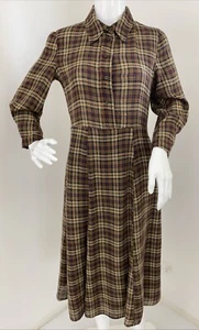 Vestido camisero midi MNG XS 25 % lana marrón a cuadros escoceses manga larga línea A - Imagen 1 de 18