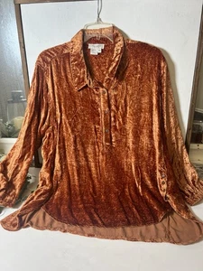 Velvet Burnt Orange Button Down Blouse, Size XL Pirate Forest Fairy Y2K Whimsy - Picture 1 of 5