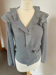 Women's Green Striped White Long Sleeved Ruffle Blouse - Picture 1 of 4