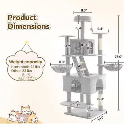 TSCOMON 75-in Multi-Level Scratching Post Cat Tree & Condo, Light Gray, Open Box - Image 1 of 4