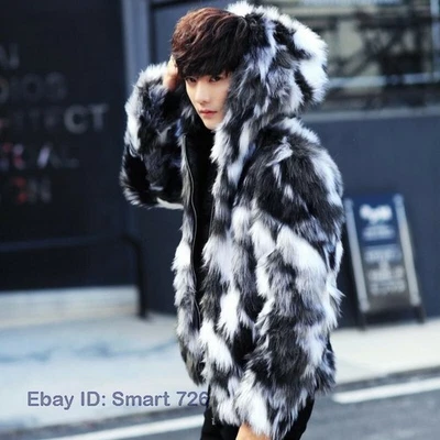 Men Luxury Faux Fur Furry Hooded Warm Thicken Coat Jacket Outwear Parka Overcoat - Image 1 of 4