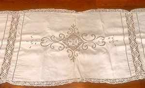 Vintage Handmade White Embroidered XL Runner Lace Italy Fine Italian 92” Fine - Picture 1 of 8