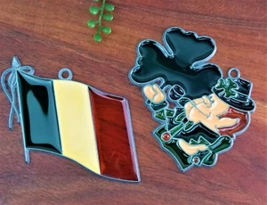 Lot 2 Stained Glass Leprechaun Clover & Ireland Flag Suncatcher St Patrick's Day - Picture 1 of 5