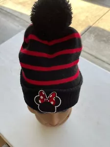 Disney Minnie Mouse Black Pom Pom Bow Logo - One Size Beanie Hat! - Picture 1 of 3