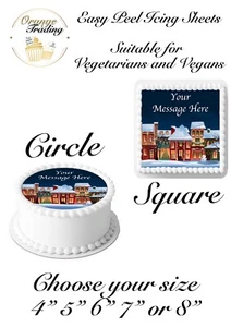 PERSONALISIERTER Weihnachtsdorf Kuchen Topper Essbar Glasur Kreis/Quadrat 4" 5" 6" 7" 8" - Bild 1 von 19