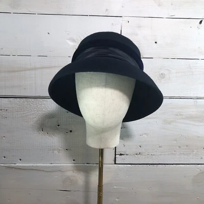 Sombrero de cubo para mujer negro 100 % lana talla S/M con lazo grande de terciopelo azul ¡Precioso!! Foto 1 de 4