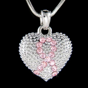 ~Pink Breast Cancer Awareness Ribbon~ made with Swarovski Crystal Heart Necklace - Picture 1 of 1