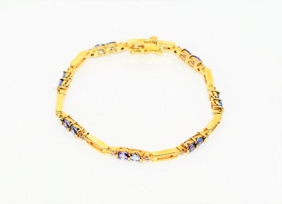 Теннисный браслет из чистого золота 14 карат с натуральным танзанитом и бриллиантами 2,94 карата - Изображение 1 из 4