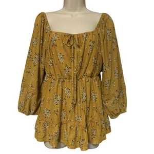 Ember Senf Blumen Boho Bauern Tunika L Spitzenbesatz Stufen Cottagecore Top - Bild 1 von 9