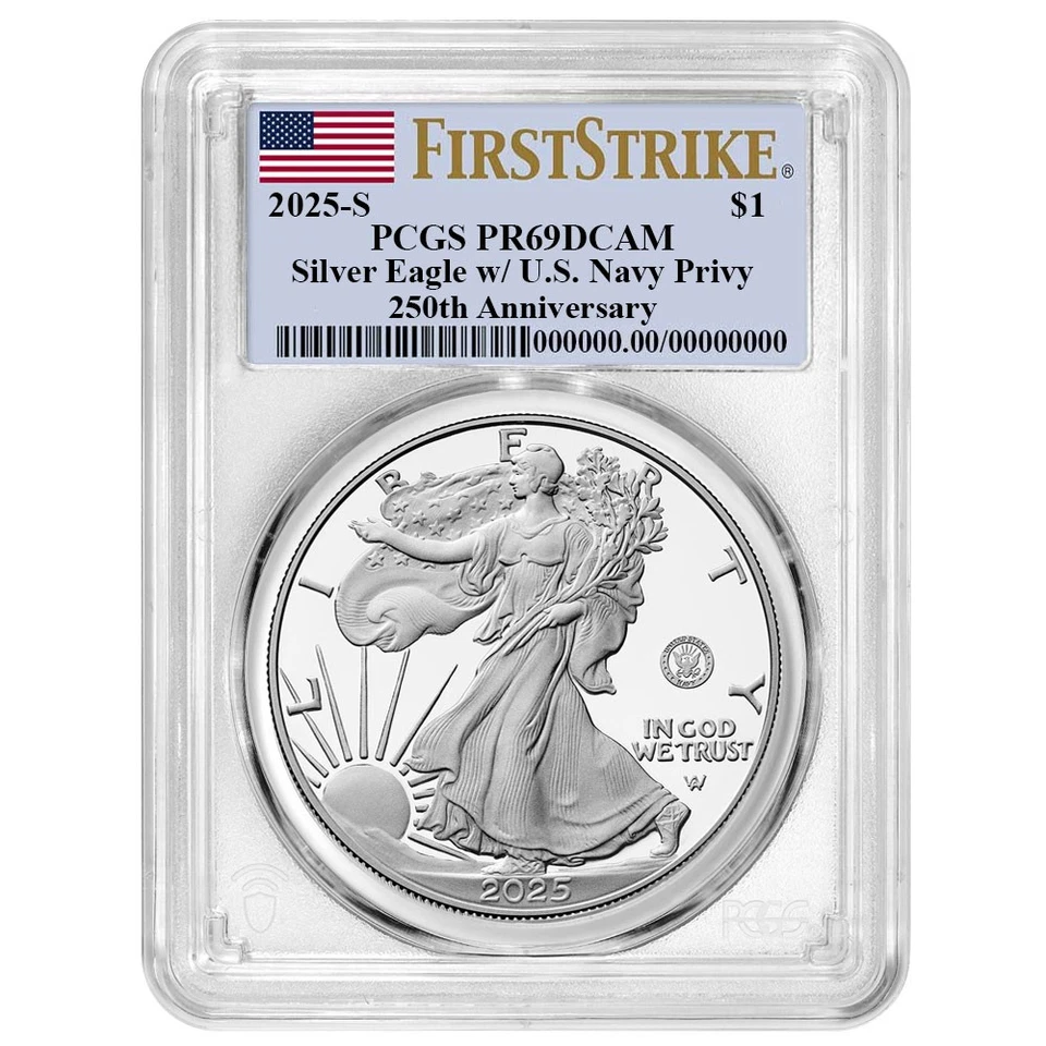 2025-S Proof $1 American Silver Eagle Navy Privy PCGS PR69DCAM FS Flag Label - Image 1 of 3