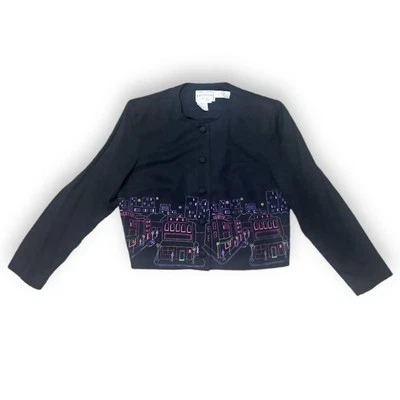 复古 80 年代 Karin Stevens 黑色短城刺绣夹克女式 8P 码 — 第 1/4 张图片