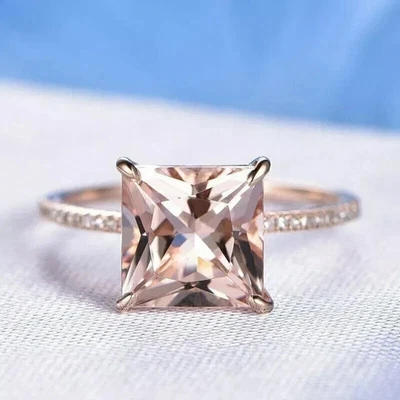 3 CT Solitaire Princess  Morganite Women's Engagement Ring 14K Rose Gold Plated - Image 1 of 4