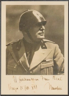 ✔️ ITALIA SEGUNDA GUERRA MUNDIAL BENITO MUSSOLINI FIRMA POSTAL RARA - REPRODUCCIÓN Foto 1 de 2
