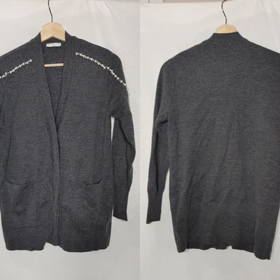 Sandro 珍珠装饰羊毛混纺开衫灰色水钻钻石装饰 0 — 第 1/4 张图片