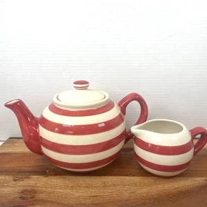 Price & Kensington Pottery Teapot & Milk Jug Red & White Striped PristinePottery - Picture 1 of 19