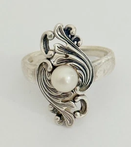 VINTAGE SIGNIERTER RF STERLINGSILBER WIRBEL VERZIERTER 6 MM PERLENRING GRÖSSE 9 - Bild 1 von 17