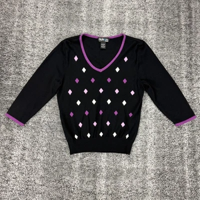 Suéter Style & Co Petite preto roxo diamante argila manga 3/4 gola V M - Imagem 1 de 4