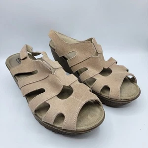 Skechers Sandals Womens 9.5 Wide Fit Wedge Memory Foam Tan Adjustable Strap - Picture 1 of 23