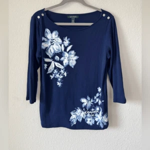 Lauren Ralph Lauren Women’s Floral Hawaiian Shirt Size L Blue White 3/4 Sleeve - Picture 1 of 7