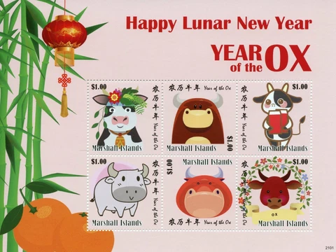 Marshall Islands 2021 MNH Year of Ox Stamps Happy Chinese Lunar New Year 6v M/S Cover