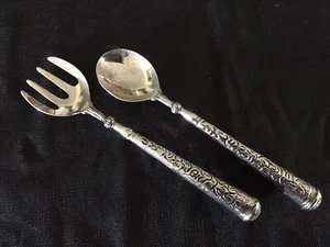 SALAD SERVING SET Vintage Ornate Hollow Handle Plated 9.5” Serving Fork & Spoon - Picture 1 of 4