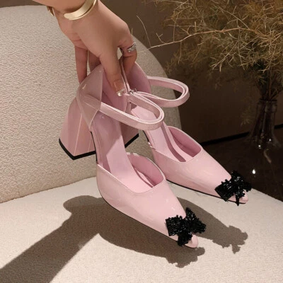Womens Fashion Leather Bowtie Pointy Toe Block Heel Ankle Strap Sandal Shoes b58 - Image 1 of 4