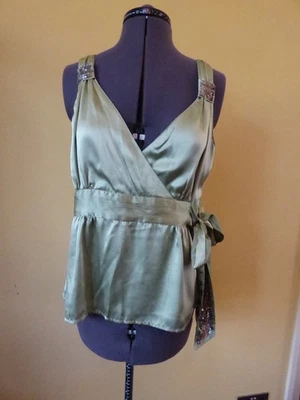 COAST Silk Sage Green Satin Sleeveless + Belt Lined Tunic Top Blouse Size 16 - Image 1 of 4
