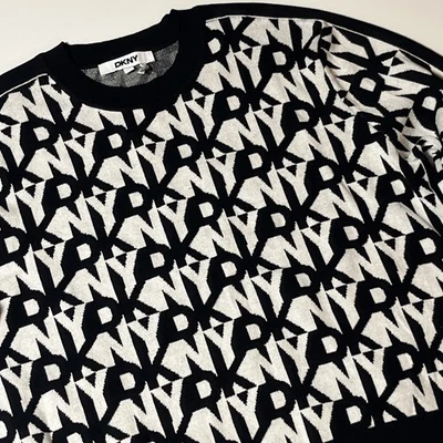 DKNY Repeat Stacked Logo Sweater Sz XL Black White Pullover Cotton Blend Jumper - Image 1 of 4
