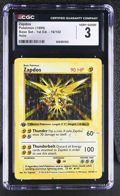 CGC 3 Zapdos 1999 Base Set 1st Edition Shadowless 16/102 Holo Pokemon Card - Image 1 of 2