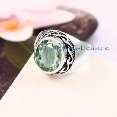 Natural Green Amethyst Gemstone with 925 Sterling Silver Ring For Men's  #5990 - Image 1 of 4