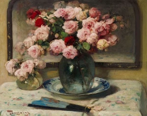 Fernand Toussaint Still Life of Roses And Fan Canvas Print 16 x 20 - Picture 1 of 4