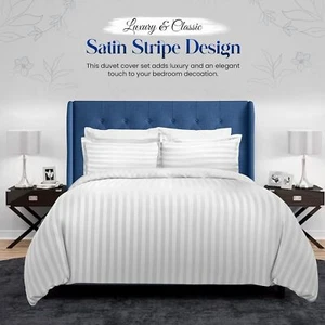 Egyptian Stripe Duvet Cover White Quilt Cover Hotel Quality Bedding Set All Size - Picture 1 of 11