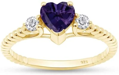 Anillo de promesa solitario corazón con cuentas de alejandrita simulado enchapado en oro amarillo de 14 k Foto 1 de 4