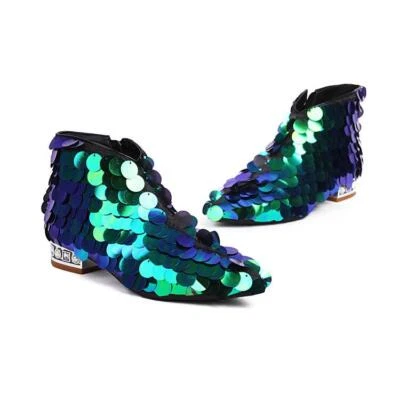 Womens Ankle Boots Low Heel Pointy Toe Sequin Rhinestone Side Zip Shoes Oversize - Image 1 of 4